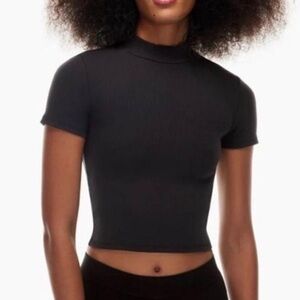 Babaton Mock Neck Ribbed Shortsleeve Top in Black